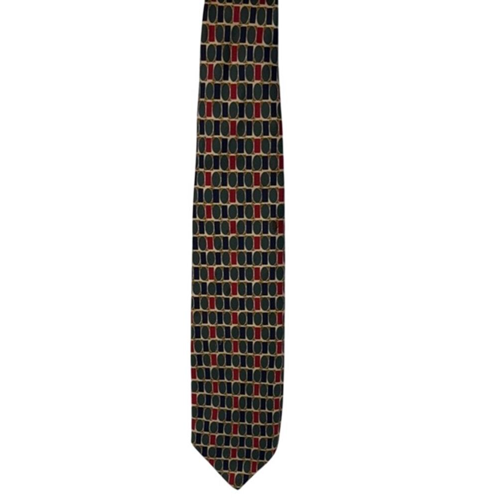 Men's STRUCTURE 100% Silk Red Black Gold Geometric‎ Print  Necktie Made in Italy